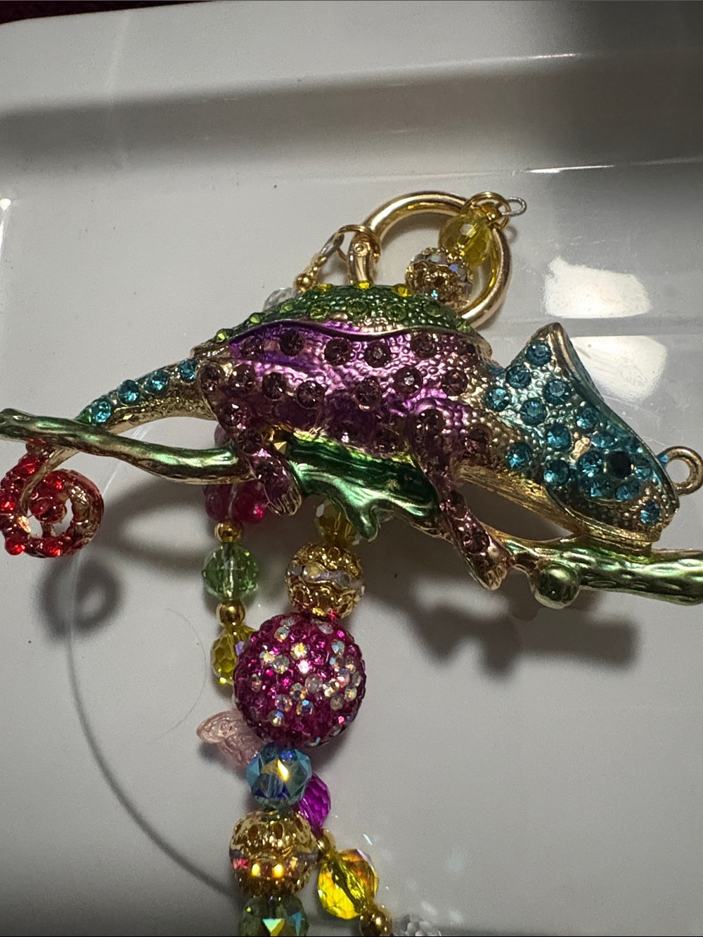 Multicolor Crystal Beaded PURSE CHARM with Colorful Chameleon Accent